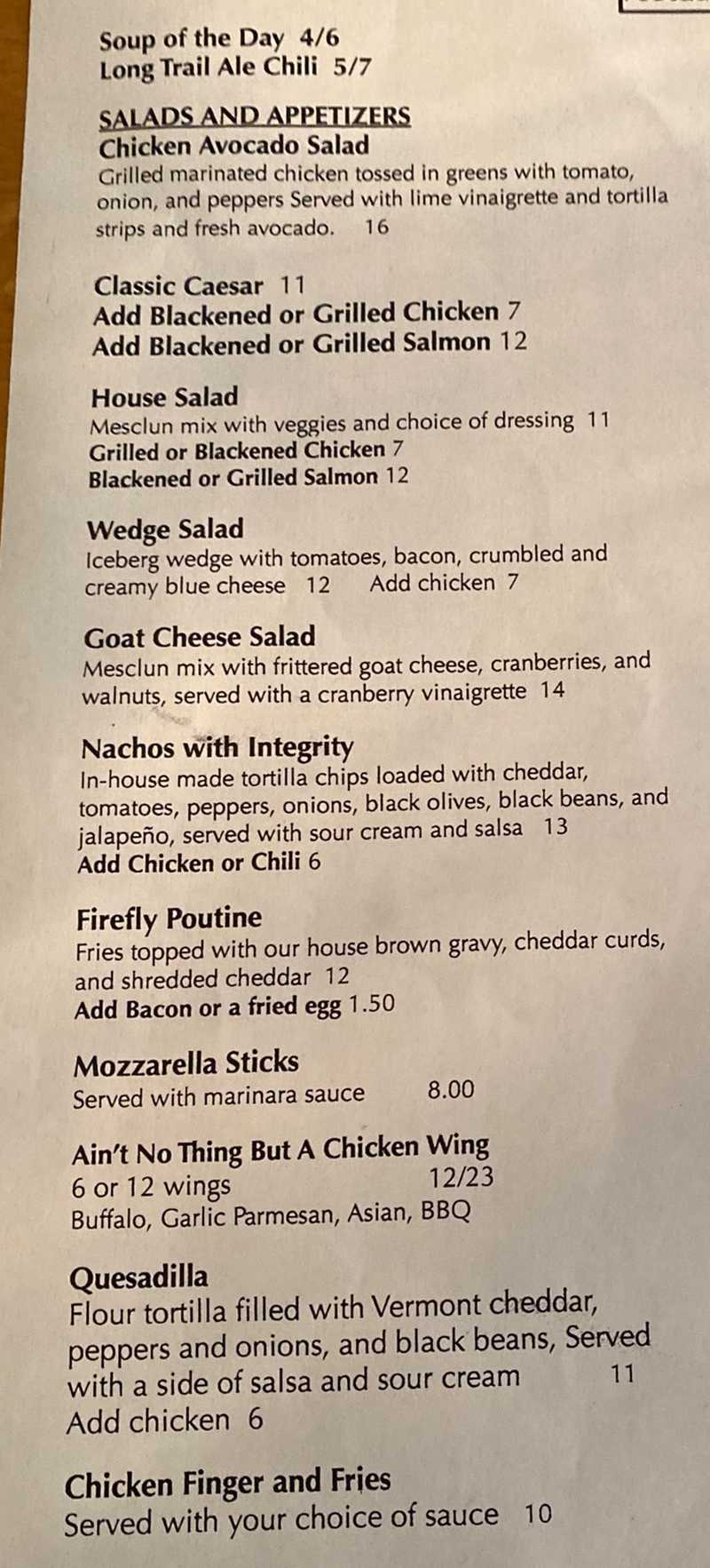 Firefly Restaurant menu page 1